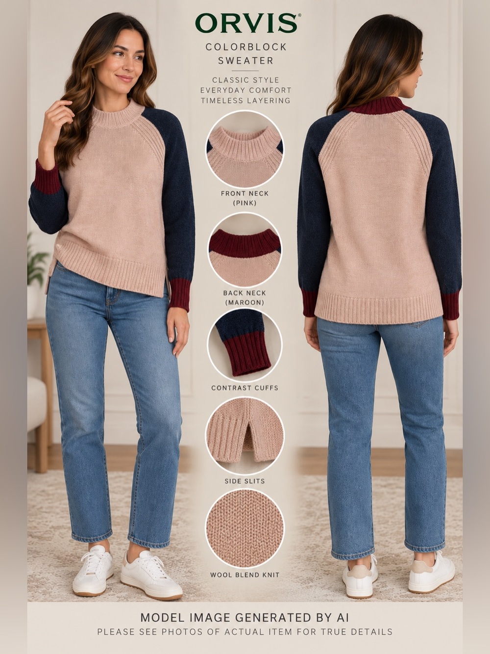 Orvis Wool Blend Mock Neck Sweater Medium Colorblock Preppy Equestrian Heritage